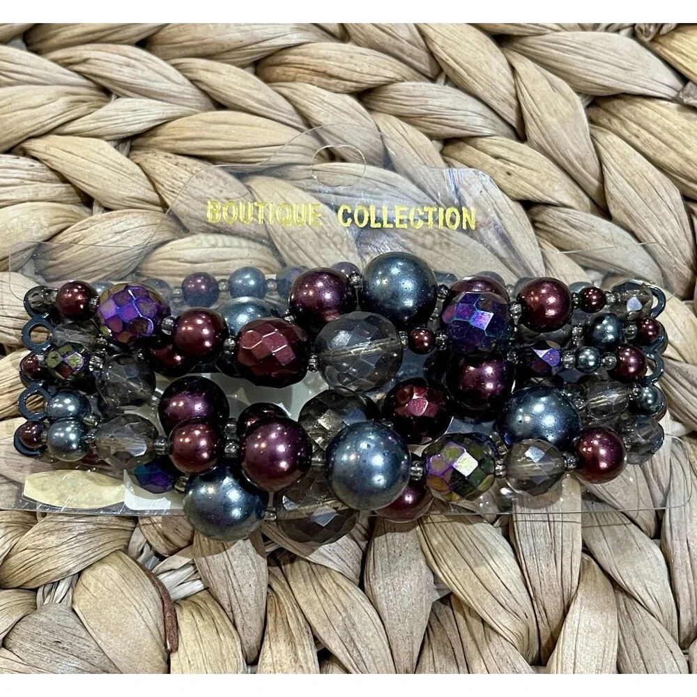 4- Stranded Bracelet Purple Aurora Borealis Faceted Glass Iridescent Fairycore
